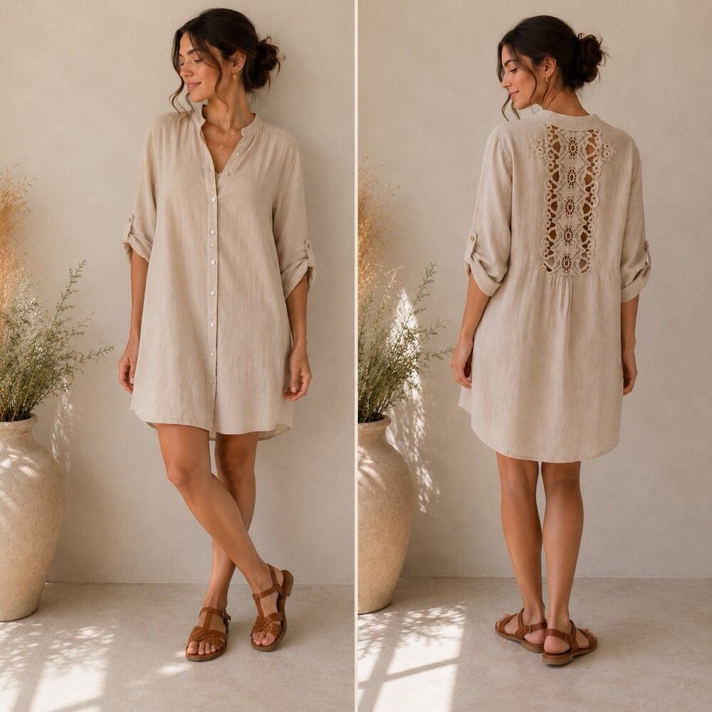 Tempo Paris Linen Blend Dress S M Beige Crochet Back Button Front Made Italy
